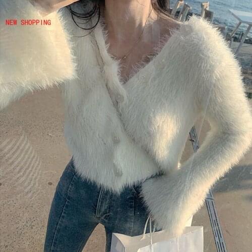 Puffy Elegant Mink Sweater Autumn Winter Faux Mink Fur Cardigan Flared Sleeves Women Short Coat Fashion V Neck Buttons Knitwear