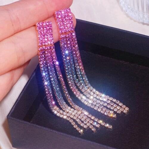 Luxury Long Tassel Earrings for Women Bridal Shiny Full Crystal Rhinestone Drop Dangle Earrings Weddings Party Jewelry Gifts