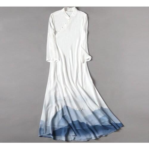 Standing collar hand painted crane Georgette Chinese style dress Chinese style improved cheongsam long skirt Zen tea dress woman