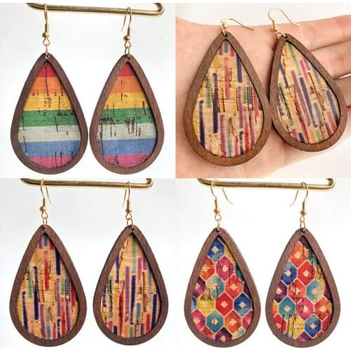 New Colorful Cork Teardrop Dangle Earrings for Women Retro Groove Natural Wood Statement Earrings Europe America Fashion Jewelry