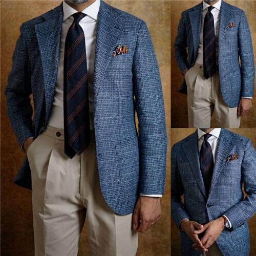 Plaid Blue Woolen Man Suit Jacket Casual Singal Breasted Wram Party Evening Winter Top Thick Fashion 123106