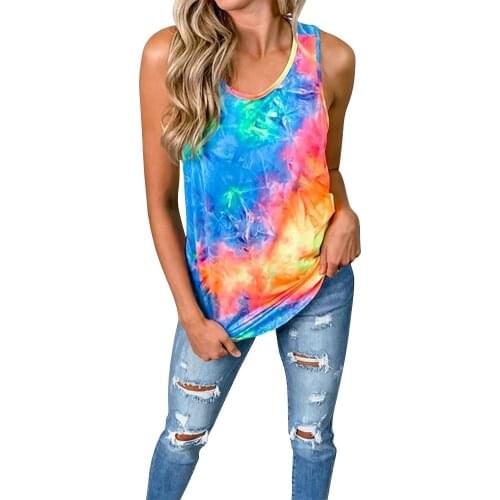 Womens Top Summer Casual Loose Tie-Dye Print Tanks T-Shirts Back Cross Shrinkage O-Neck Sleeveless Tops Female Clothing 2021