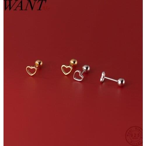 WANTME 925 Sterling Silver Fashion Minimalist Hollow Love Heart Romantic Bead Stud Earrings Sweet Party Piercing Women Jewelry