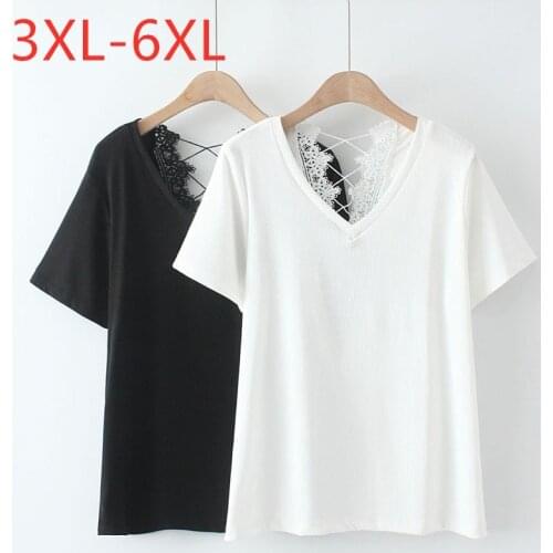 New 2021 Ladies Summer Plus Size Tops For Women Large Short Sleeve Loose Cotton Black White Lace V-neck Shirt 3XL 4XL 5XL 6XL