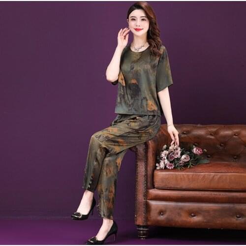 Women Pants 2-Piece Set 2021 Female Summer Suit Middle-aged Mom Imitation Ice Silk Printing Set Plus Size Casual Fashion Suit