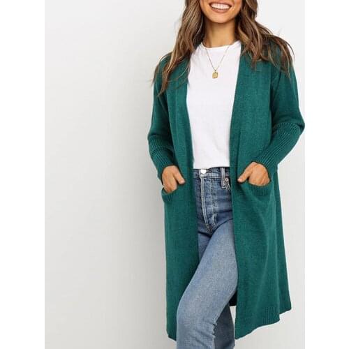 Women Knitted Cardigan 2020 Autumn Winter Knitting Sweater Coat Solid Color Open Front Pockets Drop Shoulder Long Sleeves Jacket