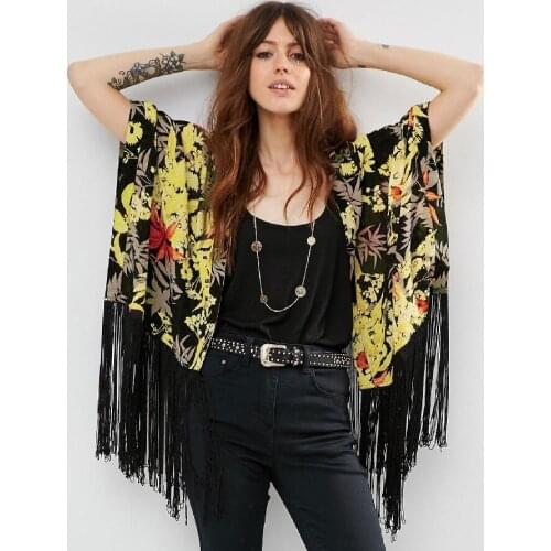 AYUALIN Boho Black Chiffon Floral Print Fringe Robe Women Tops Vintage Beach Blouse Shirt swim Cover Up Summer Loose Kimono 2022