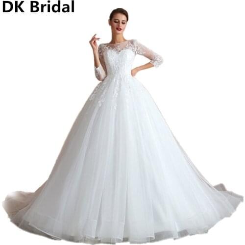 White Ivory Wedding Dresses Bride Gown Flowers Button Sexy Back Vestidos De Novia Floor Length Bride Dress Three Quarter Sleeve