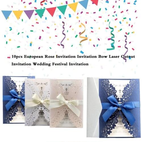 10PCS/ Set European Style Elegant Invitation Cards Rose Greeting Bowknot Hollow Print Envelopes Wedding Invitation Party Decor