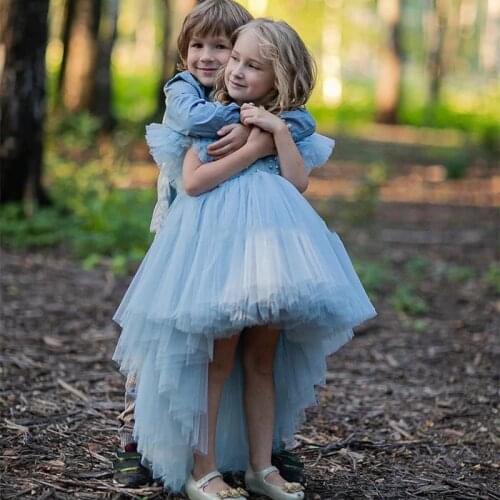 2021 New Blue Girl Pageant Dresses High Low Angel Clothing Couture