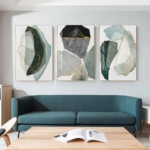 Abstract Gold Line Blue Stone Art Poster Printing Modern Oil Painting Gray Living Room Bedroom Home Wall Decoration Painting