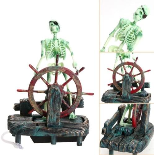 Aquarium Fish Tank Artificial Pirate Captain Ornament Aquarium Decorations Landscape Skeleton on Wheel Action