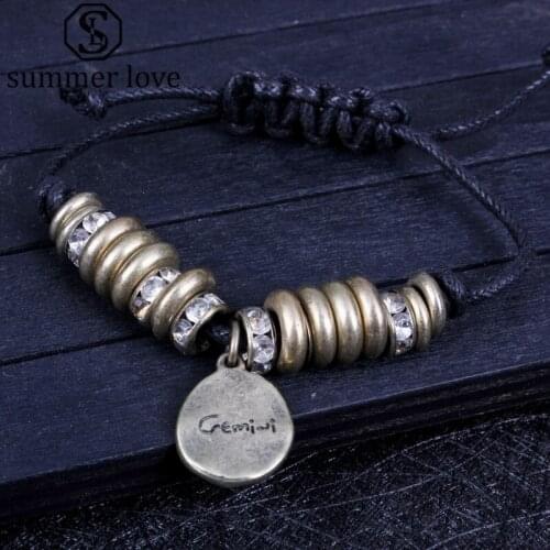 Retro Crystal Gemini 12 Zodiac Signs Constellation Charm Bracelet Men Women Punk Handmade Leather Bracelet Unisex Jewelry