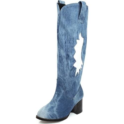 Round Toe Chunky Heel Denim Mid-Calf Long Boots Womens Heeled Jeans Slouchy Boots Girls Spring Autumn Shoes 2020 New Arrivial