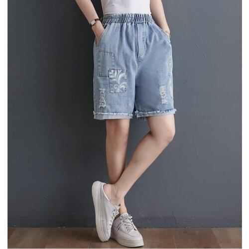 Summer New Female Denim Shorts Loose Prints Distressed Holes Casual All-Match Elastic Waist Cloth Wide-Leg Hot Pants