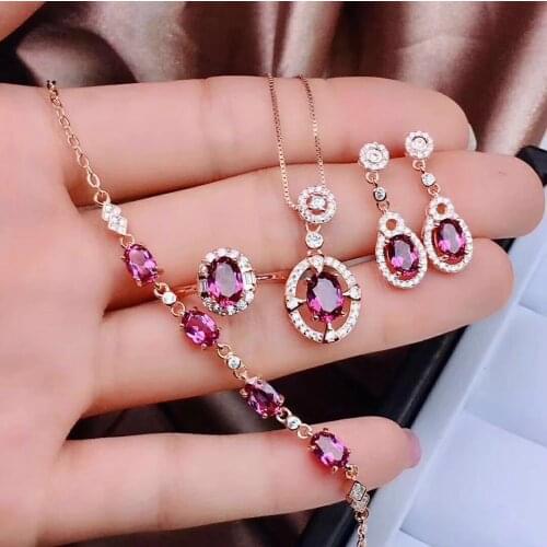 MIQIAO Rose Gold Plated Garnet Red Zircon Crystal Stone Earring Collar Necklace Ring Bracelet Jewelry Set for Women Wedding Gift