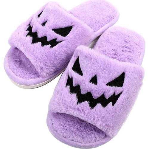 2021 New Purple Halloween Fuzzy House Slippers - Jack O Lantern Pumpkin Shoes Funny Kawaii Slippers for Girls Claquette Femme