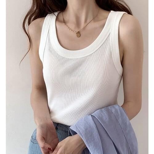 Threaded Solid Sexy Tanks Camis Summer Clothes For Women 2021 Female Knitted Sleeveless White Korean Style Slim Thin Tank Tops