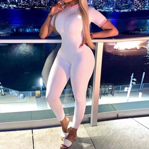 OMSJ 2021 Womens Skinny Jumpsuits Solid Color Bodysuit Jumpsuit Ladies Front Zipper Short Sleeve Back Hollow Out Fitness Rompers