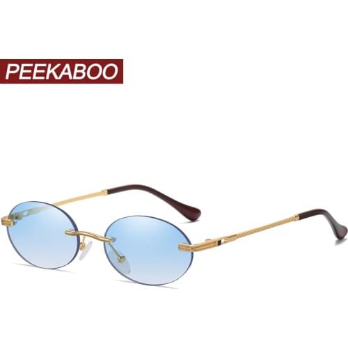 Peekaboo vintage oval sunglasses rimless men small frame blue fashion round sun glasses for women metal gold uv400 frameless