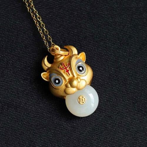 Natural Hetian White Jade Zodiac Calf Pendant Necklace Chinese Style Retro Creative Designer Craft Charm Womens Silver Jewelry