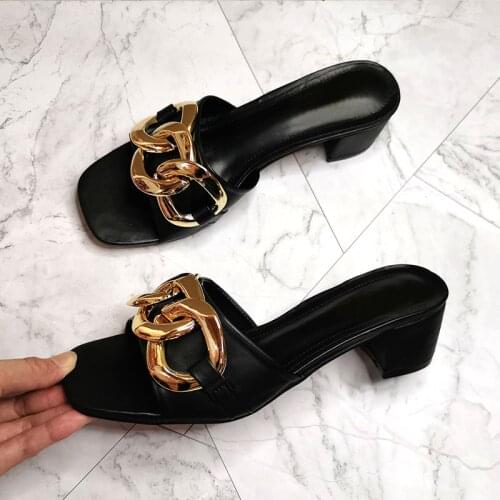 Summer Womens Sandals Shoes Outside Wear Thick Heel 5cm Ladies Slides Fashion Thick Chain High Heel Metal Chain Elegant Sandals