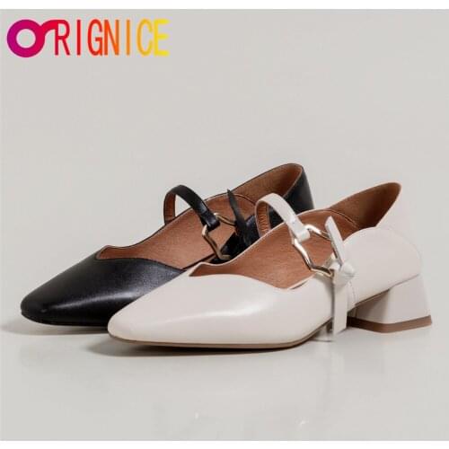 Orignice New Arrival Women Genuine Leather Pumps Round Toe Thick Heels Solid Color Buckle Strap Size 34-40 Handmade For Ladies