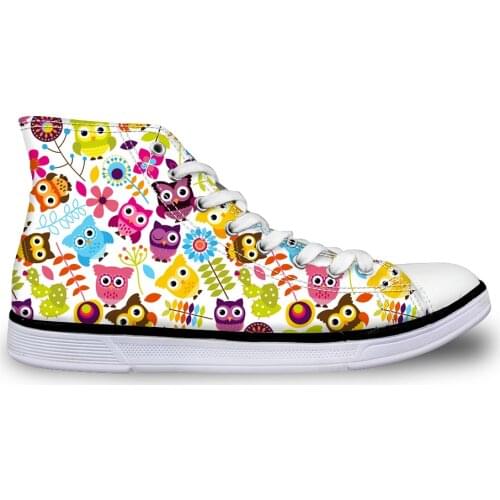 HaoYun Womens High-Top Canvas Shoes Ladies Vulcanized Shoes Cartoon Owls Prints Pattern Female Confortable Walking Flat Shoes