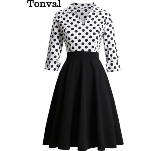 Tonval White and Black Two Tone Polka Dot Elegant Vintage Midi Dress for Women Three Quarter Sleeve Winter Office Ladies Clothes