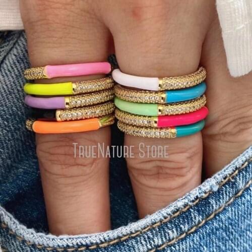 5Pcs RM39021 Ladies Cubic Zirconia Plated Copper Ladies Gold Ring Colors Clear Gold Plated Cubic Zirconia Enamel Geometric Ring