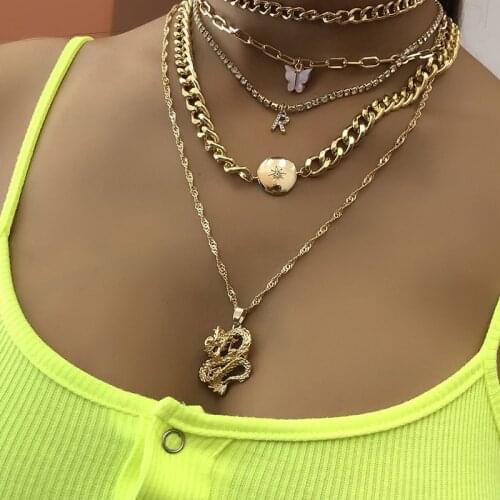 5 Pcs/Set Bohemian Vintage Gold Necklace Set Fashion Multilayer Dragon Butterfly Crystal Letter Necklace for Women Jewelry Gifts