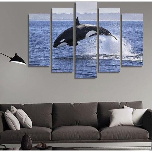 5 Pieces Wall Art Canvas Painting Animal Poster Blue Whale Jumping In The Water Modern For Home Decoration Frame Pictures