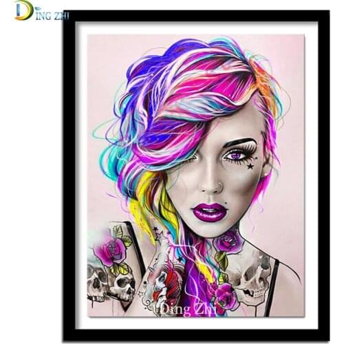 Skull Tattoo Girl 5D Diy Diamond Painting Pretty Colored Hair Full Drill Mosaic Embroidery Cross Stitch Fashion Woman Portrait