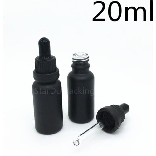 Free shipping 200pcs 20ml black frosted glass essential oil bottle with tamper evident ring dropper glass perfume bottle