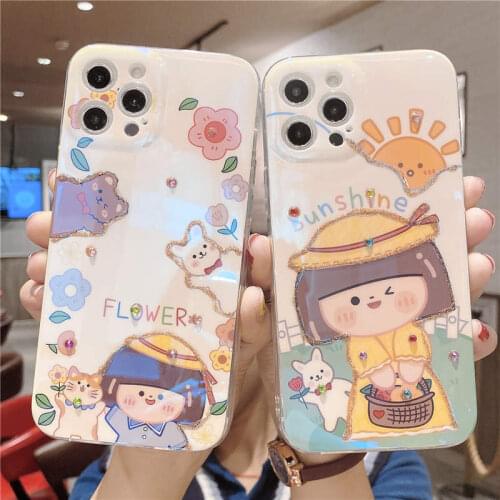 Blu-ray Cute flower girl Luxury Case For iphone 11 Pro Max 12 mini Cover For iphone X XR XS Max 7 Plus 8 6 6S Plus Phone bag