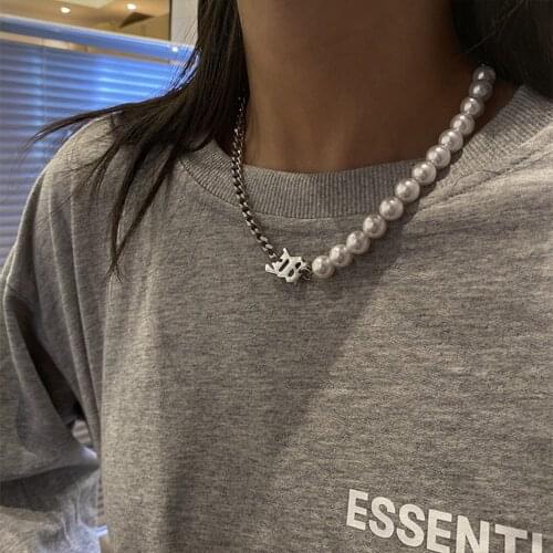 Double-layer Letter Square Pearl Necklace Titanium Steel Non-fading Metal Hip-hop Niche Personality Necklace Pendant