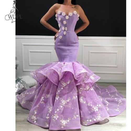 Elegant Purple Mermaid Evening Dress Sweetheart Ruffle Tiered Sweep Train Formal Prom Dresses Hand Made Flower Lace Pageant Gown
