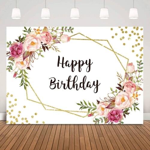 Pink Watercolor Flowers Birthday Party Backdrop Green Leaf Golden Dots Happy Birthday Background White Cake Table Decoration