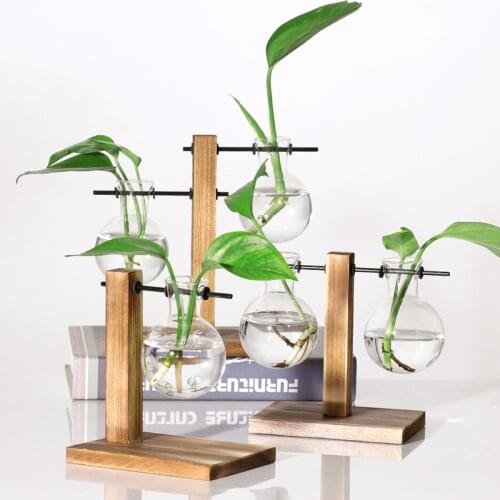 Terrarium Hydroponic Plant Vases Vintage Flower Pot Transparent Vase Wooden Frame Glass Tabletop Plants Home Bonsai Decor