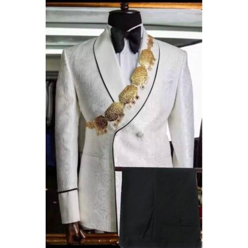 Latest Coat Pant Designs 2021 White Jacquard Men Suit Blazer Pant Prom Party Slim Fit Double Breasted Suit Wedding Suits For Men