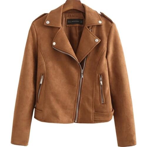 New Fashion Women suede motorcycle jacket Slim brown full lined soft faux Leather female coat veste femme cuir epaulet zipper