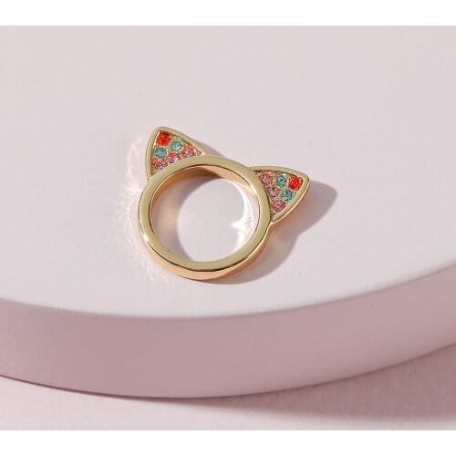 New Arrival Cute Golden Cat Ears Colorful Rhinestone Tail Ring Accessories For Women Girls Gift