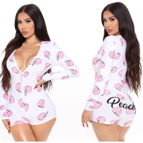 Sleepwear Short Onsie Summer Onsies For Adult Women Sexy Slim Long Sleeve Shorts Jumpsuit Sleepwear Fruit Print Pajamas Overalls