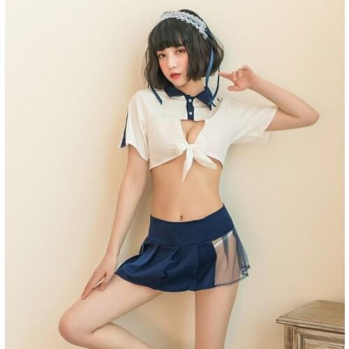Sexy Cute Sailor Costume Women Hollow Out Bust Crop Top Half Perspective Miniskirt Kawaii Lolita JK Student Girls Erotic Uniform