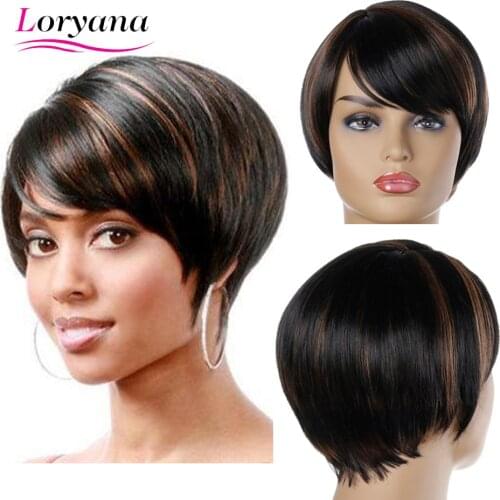 Loryana Synthetic hair Black Brown Realistic natural oblique bangs straight natural short Synthetic hair wigs for women