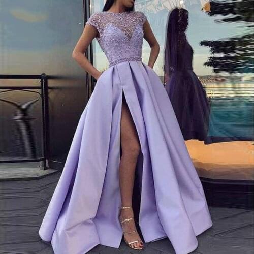 Lilac Prom Dresses Long with Beaded Lace Side Split Cap Sleeves Satin Evening Dress Plus Size Party Gowns Vestidos De Festa