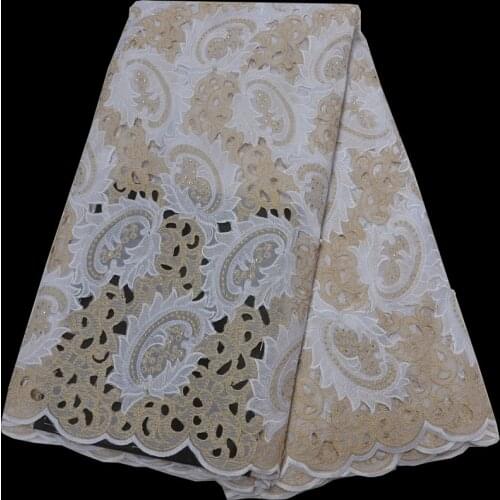 High quality African voile lace fabric white and gold handcut Swiss lace fabric with embroidery & stones for party dress CLP229