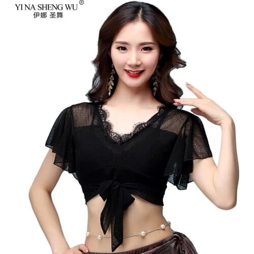 Adult Sexy Mesh Belly Dance Top Costumes for Women Bellydance Indian Dancing Clothes Dancer Transparent Lace Top Practice Clothe