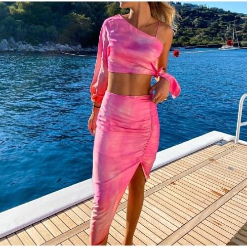XEASY Summer Women Vintage Casual Two-Piece Tie Dye Asymmetrical Sleeves Shirt Female Fashion High Waist Midi Skirt Skirt Set