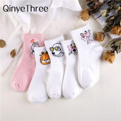 Japanese Kawaii Women Animals Cartoon Tube Socks Cute Egg Rabbit Panther Cotton Long Socks Female and Ladies Pink Milk White Sox
